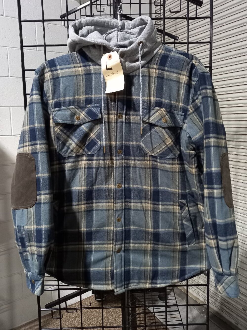Men's Flannel Shirt Jacket Berber-Lined with Hood - Blue Plaid | Large